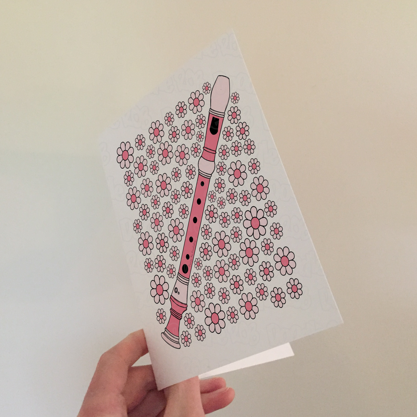 Recorder Floral Greeting Card (Pink Flowers) - Female Recorderist - Woodwind Musician Card For Girl