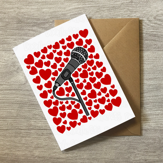Singer Microphone With Hearts Greeting Card - Vocalist Musician Valentines Anniversary Card
