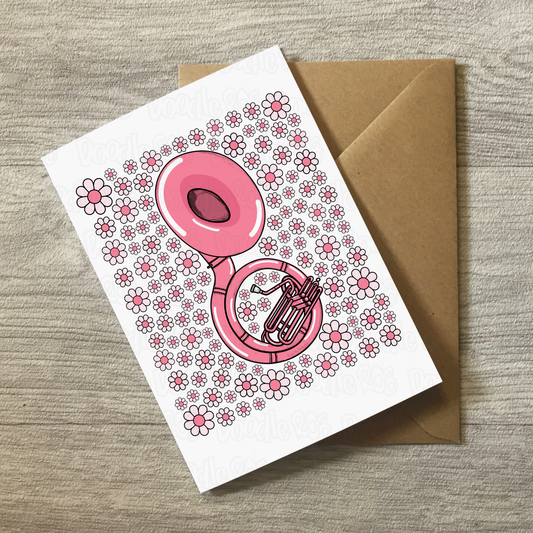 Sousaphone Floral Greeting Card (Pink Flowers) - Female Sousaphonist - Brass Musician Card For Girl