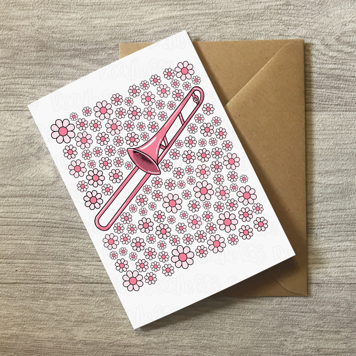 Trombone Floral Greeting Card (Pink Flowers) - Female Trombonist - Brass Musician Card For Girl