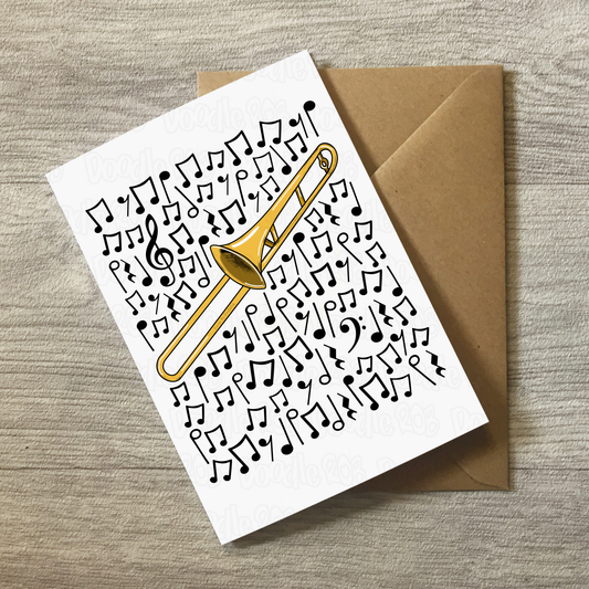 Trombone Greeting Card (Musical Notes) - Trombonist Birthday Card - Brass Musician Card