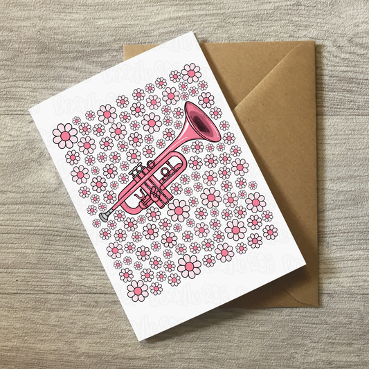 Trumpet Floral Greeting Card (Pink Flowers) - Female Trumpeter - Brass Musician Card For Girl