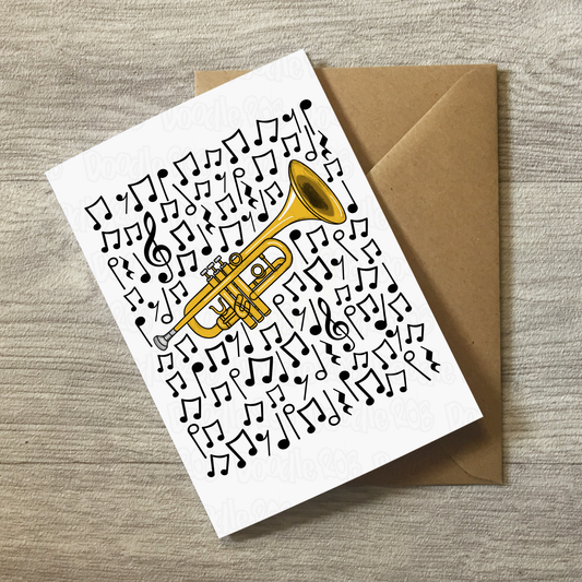 Trumpet Greeting Card (Musical Notes) - Trumpeter Birthday Card - Brass Musician Card