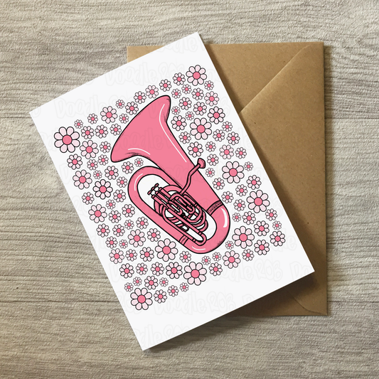 Tuba Floral Greeting Card (Pink Flowers) - Female Tubaist - Brass Musician Card For Girl