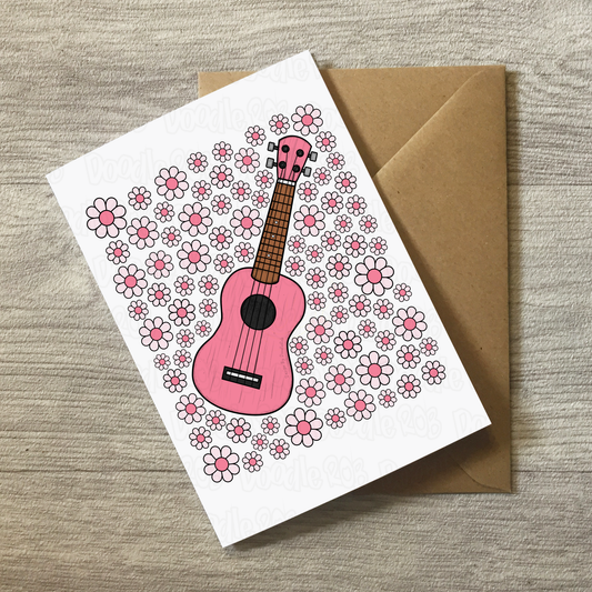 Ukulele Floral Greeting Card (Pink Flowers) - Female Uke Player - Musician Card For Girl