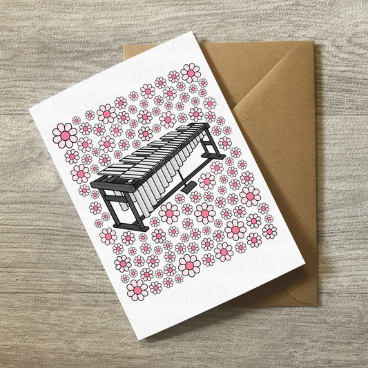 Vibraphone Floral Greeting Card (Pink Flowers) - Female Percussionist - Musician Card For Girl