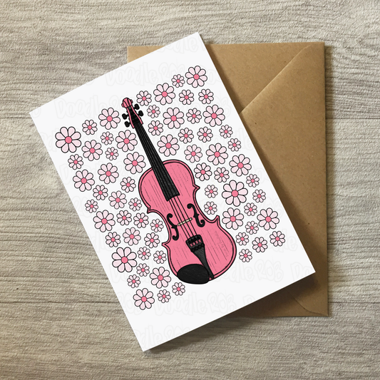 Violin Floral Greeting Card (Pink Flowers) - Female Violinist - String Musician Card For Girl