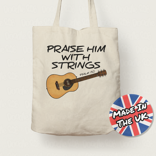 Worship Guitarist Tote Bag - Praise Him With Strings (Psalm 150) - Church Guitarist Gift