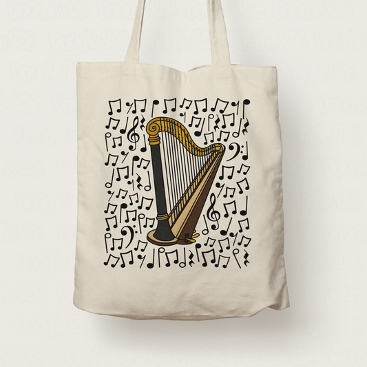Harp Musical Notes Tote Bag - Gift For Harpist - String Musician Orchestra Gift