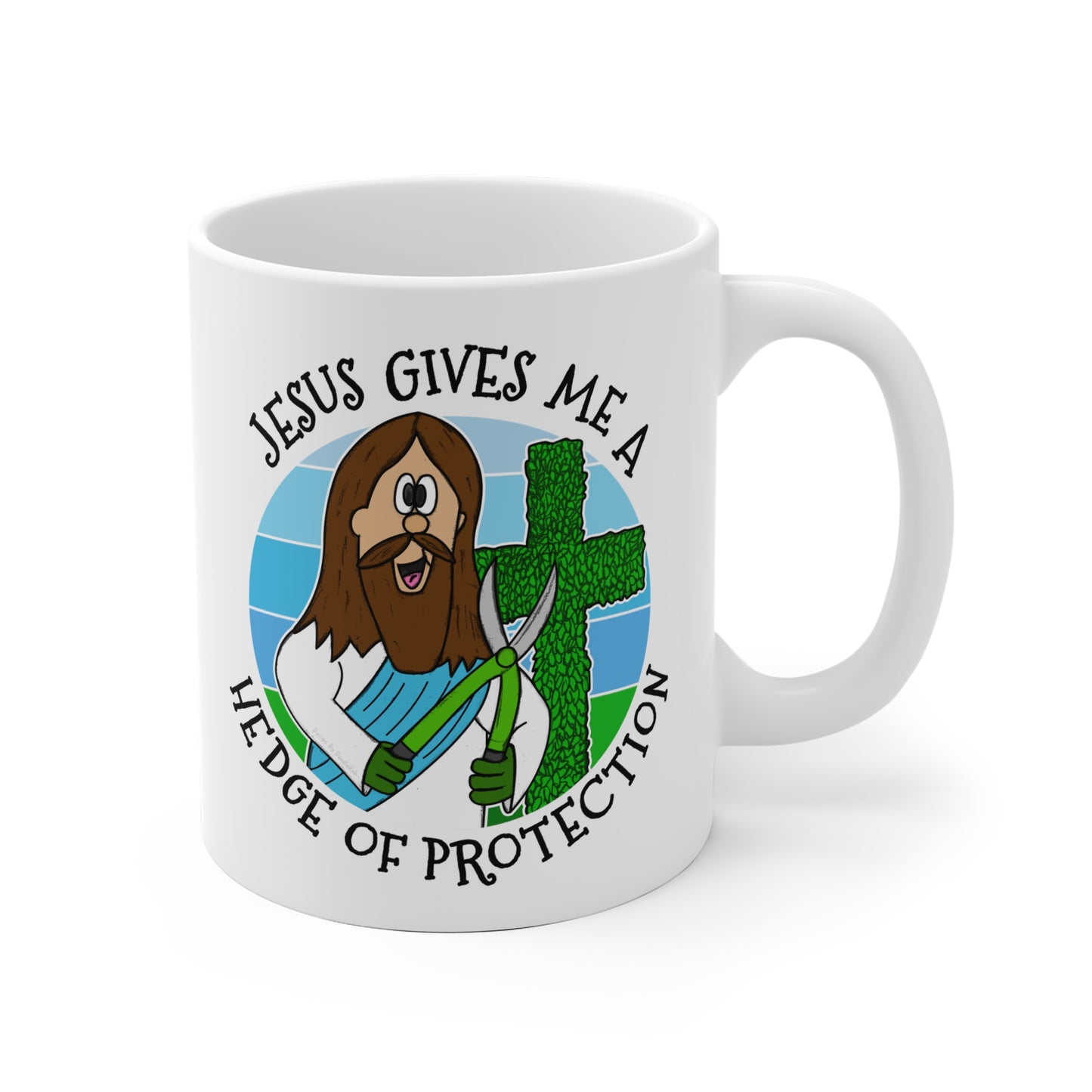 Christian Gardening Mug - Jesus Gives Me A Hedge Of Protection - Funny Church Mug