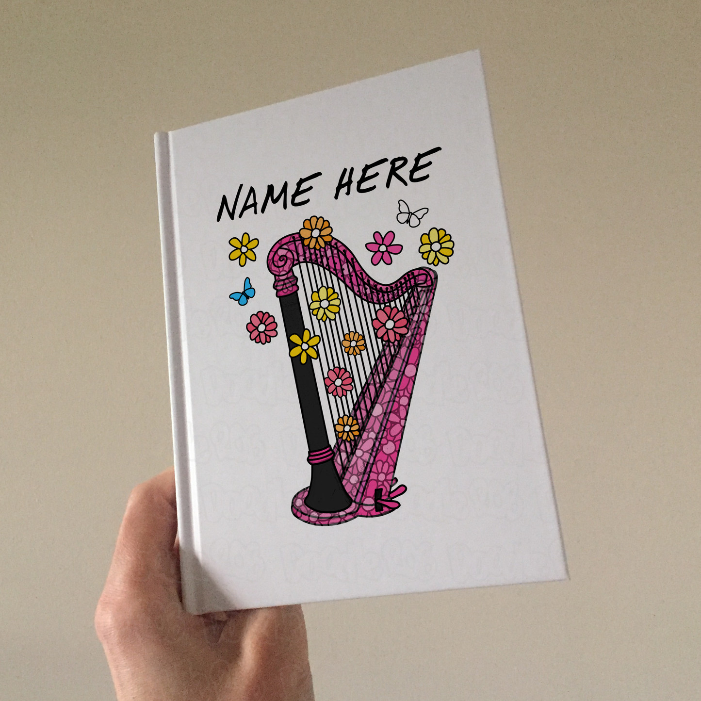 Harp Personalised Journal (Floral) - Harpist Notebook - String Musician Custom Gift