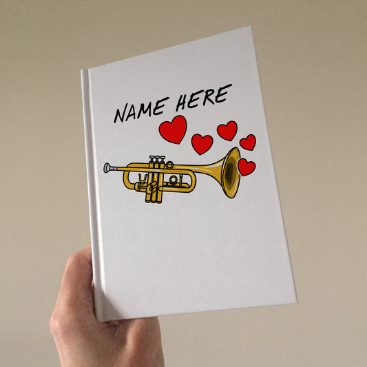 Trumpet Personalised Journal (Hearts) - Trumpeter Custom Notebook - Brass Musician Anniversary Gift