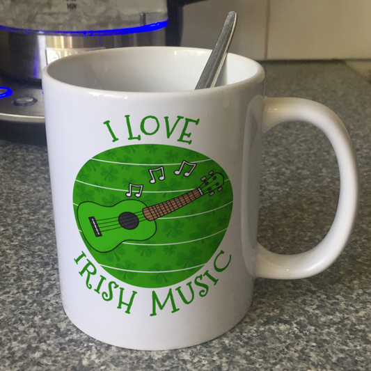 Irish Ukulele Mug (Green) - I Love Irish Music - Uke Player Mug - St Patrick's Day Gift