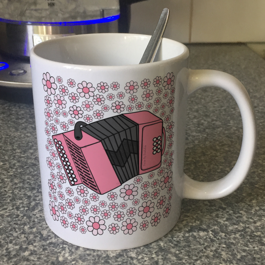 Accordion Floral Mug (Pink Flowers) - Female Accordionist - Folk Musician Gift For Girl