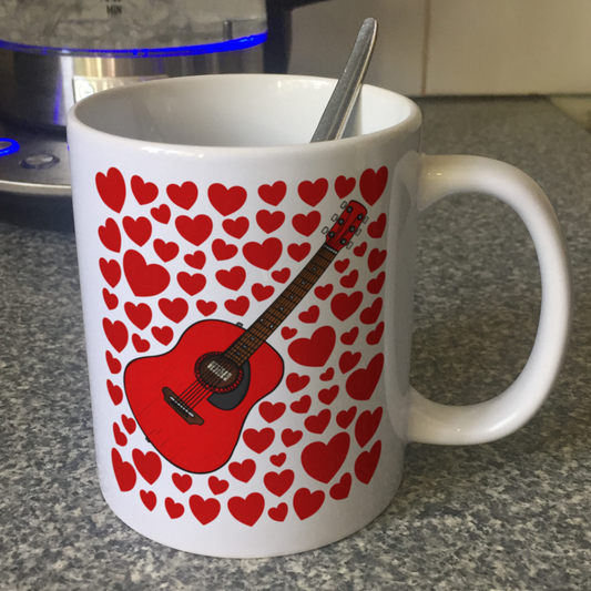 Acoustic Guitar With Hearts Mug - Guitarist Gift - Valentines Anniversary Gift