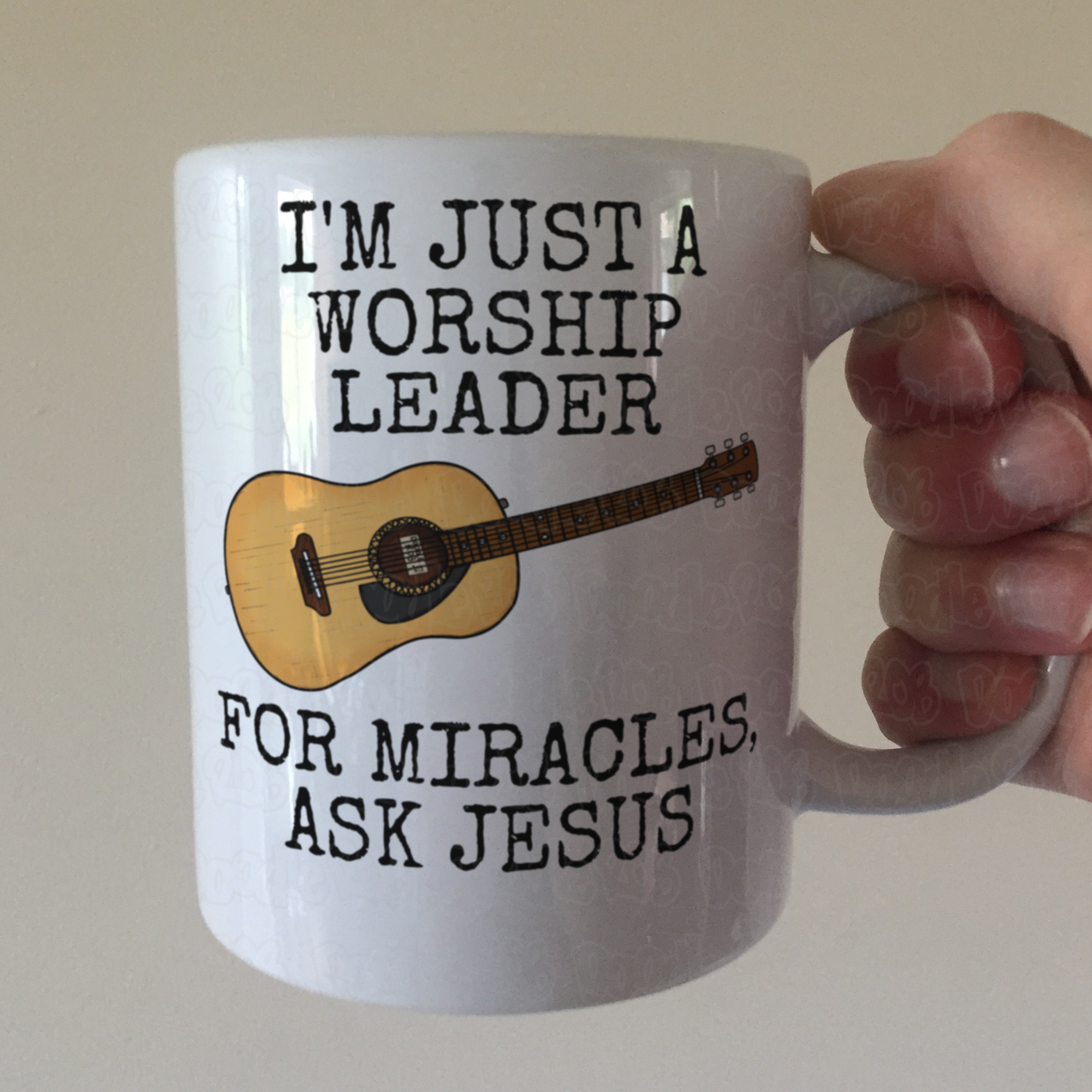 Funny Worship Leader Mug (Acoustic Guitar) - For Miracles, Ask Jesus - Christian Musician Gift