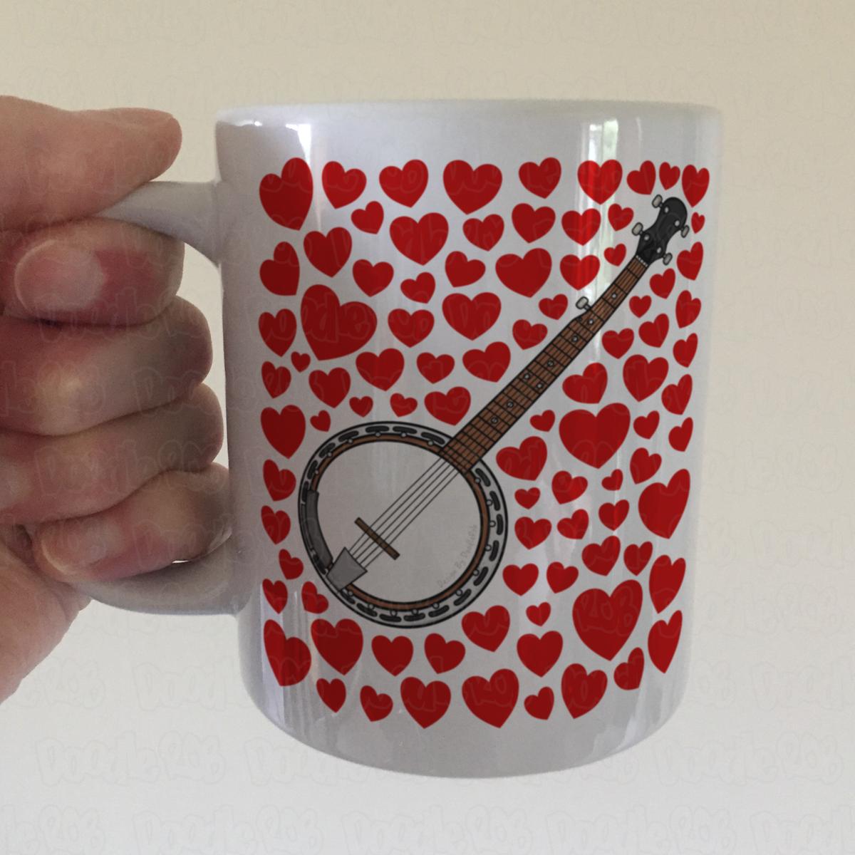 Banjo With Hearts Mug - Banjoist Gift - Folk Musician Valentines Anniversary Gift