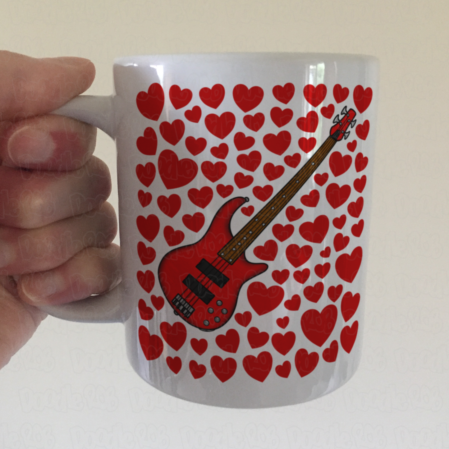 Bass Guitar With Hearts Mug - Bassist Gift - Musician Valentines Anniversary Gift