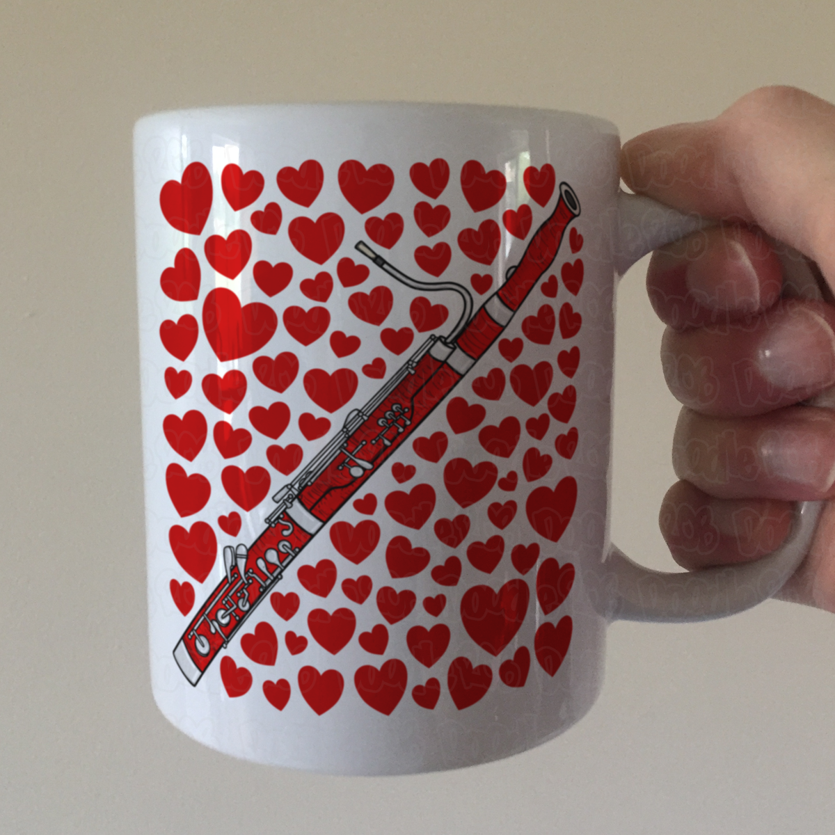 Bassoon With Hearts Mug - Gift For Bassoonist - Woodwind Musician Valentines Anniversary Gift