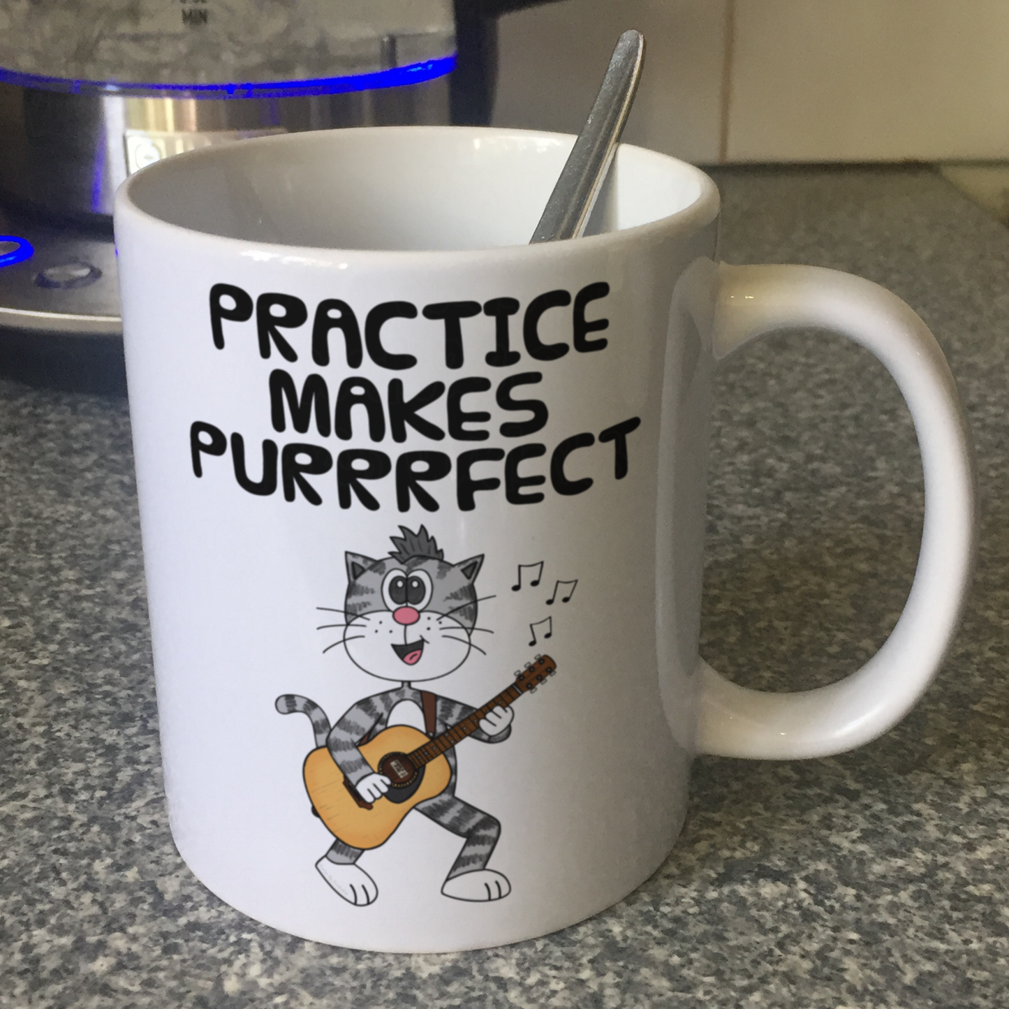 Cat Acoustic Guitar Mug - Practice Makes Purrrfect - Funny Gift For Guitarist - Music Teacher Gift