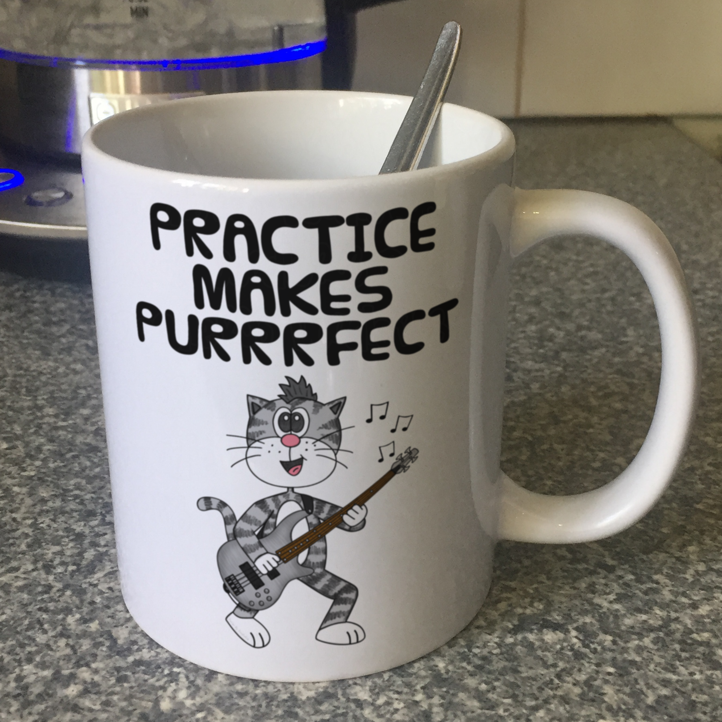 Cat Bass Guitar Mug - Practice Makes Purrrfect - Funny Gift For Bassist - Music Teacher Gift
