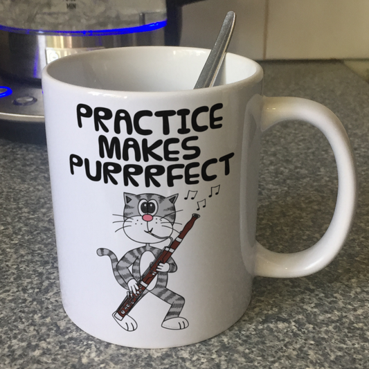 Cat Bassoon Mug - Practice Makes Purrrfect - Gift For Bassoonist - Woodwind Musician Gift