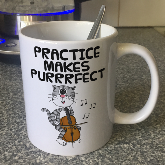 Cat Cello Mug - Practice Makes Purrrfect - Gift For Cellist - Funny Music Teacher Orchestra Gift