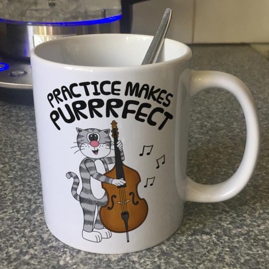 Cat Double Bass Mug - Practice Makes Purrrfect - Funny Gift For Bassist - Jazz Musician Gift