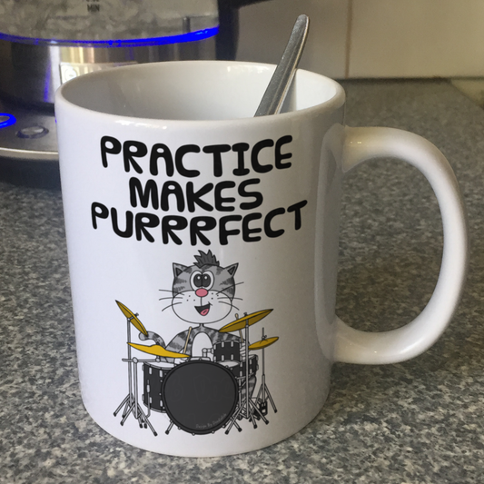 Cat Playing Drums Mug - Practice Makes Purrrfect - Funny Gift For Drummer - Music Teacher Gift