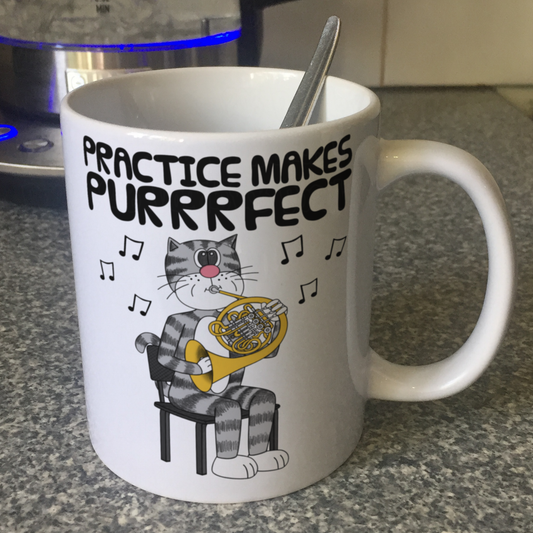 Cat French Horn Mug - Practice Makes Purrrfect - Gift For Hornist - Brass Musician Gift