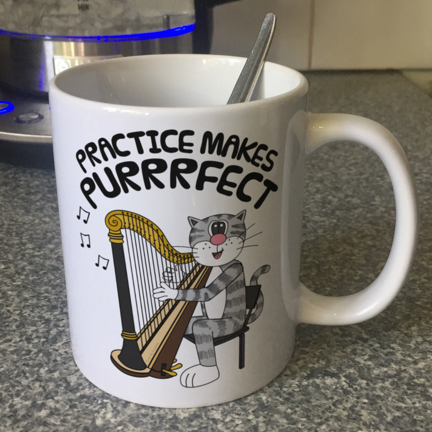 Cat Harp Mug - Practice Makes Purrrfect - Funny Gift For Harpist - Orchestra Musician Gift