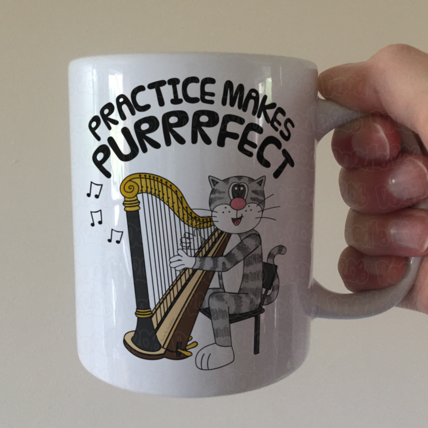 Cat Harp Mug - Practice Makes Purrrfect - Funny Gift For Harpist - Orchestra Musician Gift
