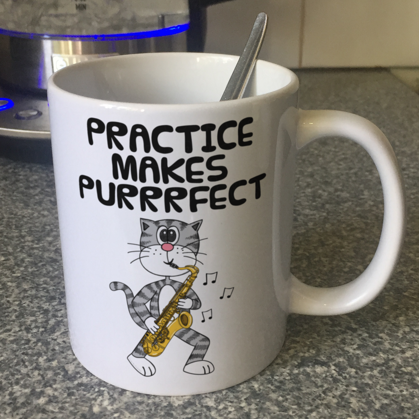 Cat Saxophone Mug - Practice Makes Purrrfect - Gift For Saxophonist - Jazz Musician Gift