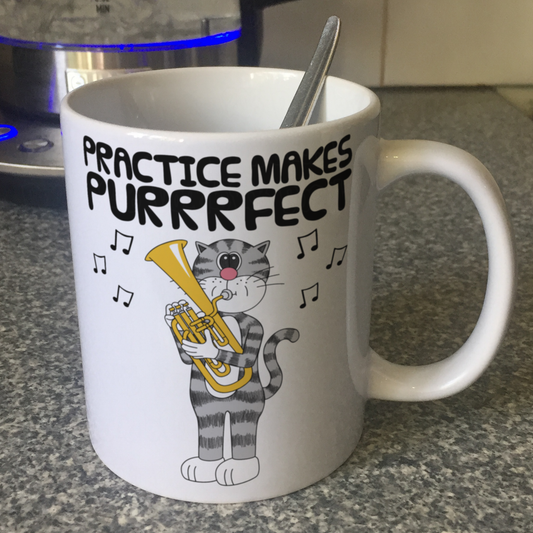Cat Tenor Horn Mug - Practice Makes Purrrfect - Gift For Hornist - Brass Musician Gift