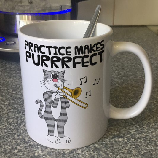 Cat Trombone Mug - Practice Makes Purrrfect - Gift For Trombonist - Brass Musician Gift