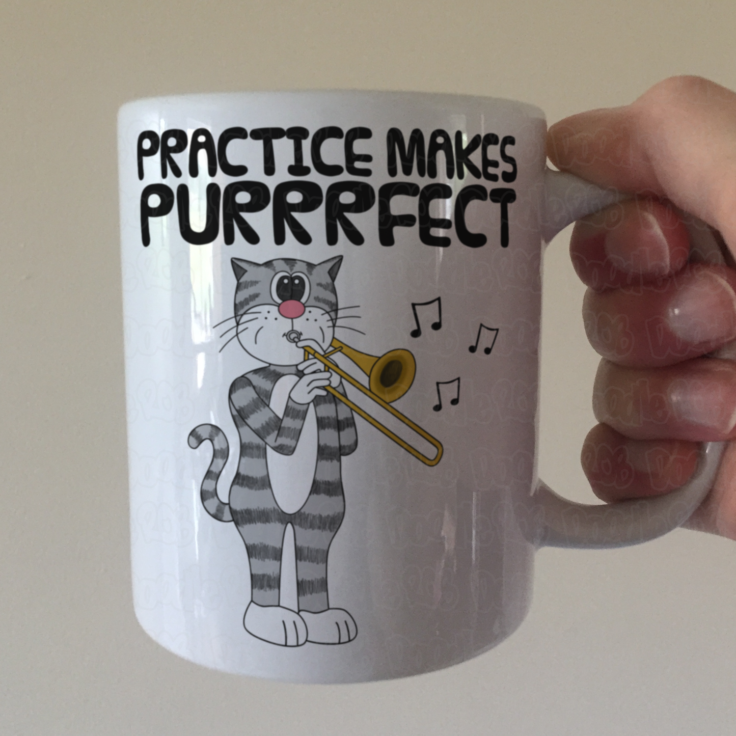 Cat Trombone Mug - Practice Makes Purrrfect - Gift For Trombonist - Brass Musician Gift
