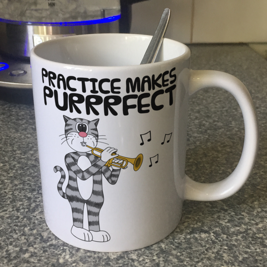 Cat Trumpet Mug - Practice Makes Purrrfect - Gift For Trumpeter - Brass Musician Gift