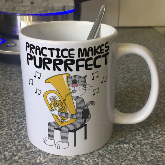 Cat Tuba Mug - Practice Makes Purrrfect - Gift For Tubaist - Brass Musician Gift