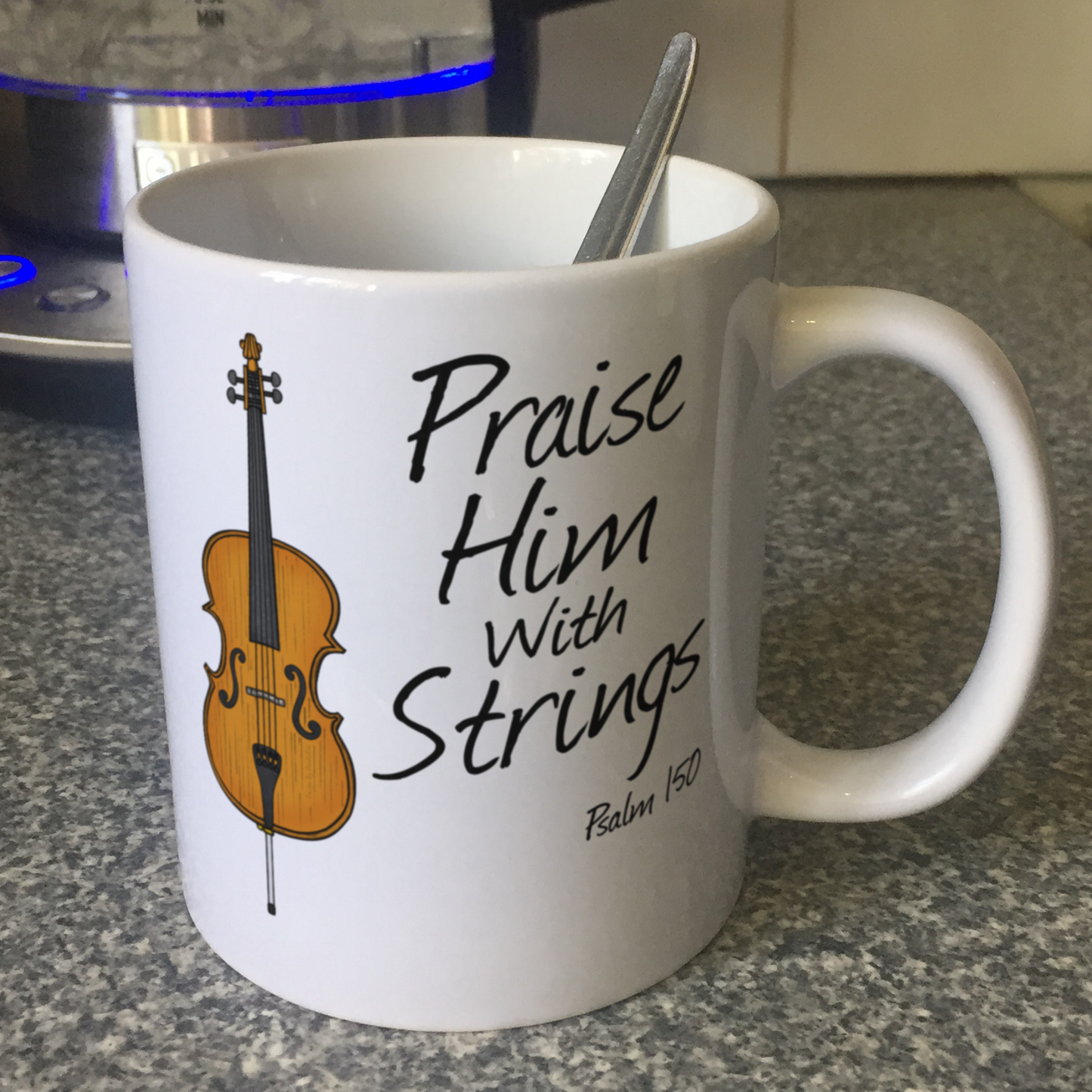 Christian Cello Mug - Praise Him With Strings (Psalm 150) - Church Cellist Gift - Worship Cello Mug