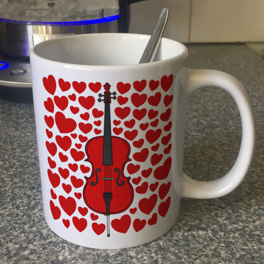 Cello With Hearts Mug - Cellist Mug - String Musician Valentines Anniversary Gift