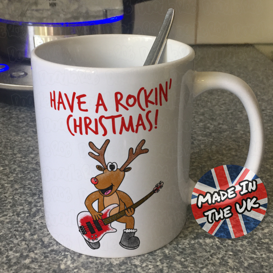 Bassist Christmas Mug - Reindeer Playing Bass Guitar - Bass Guitarist Xmas Gift