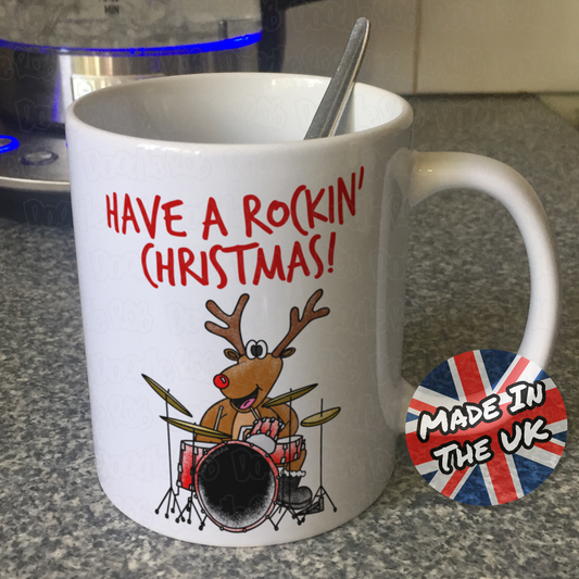 Drummer Christmas Mug - Rudolf The Reindeer Playing Drums - Musician Xmas Gift