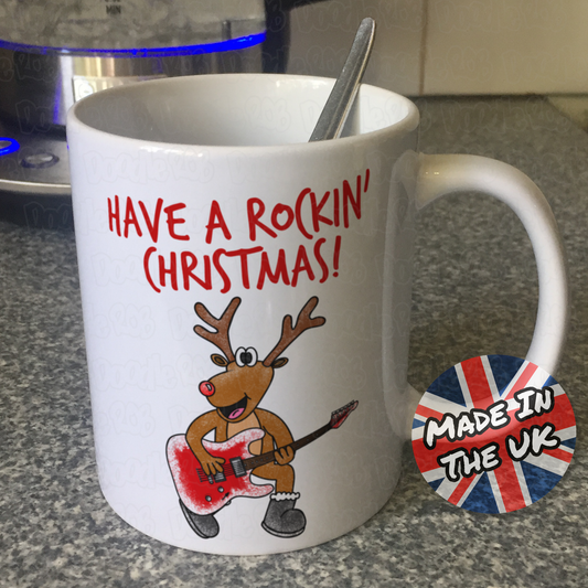 Christmas Guitar Mug - Reindeer Playing Electric Guitar - Guitarist Xmas Gift
