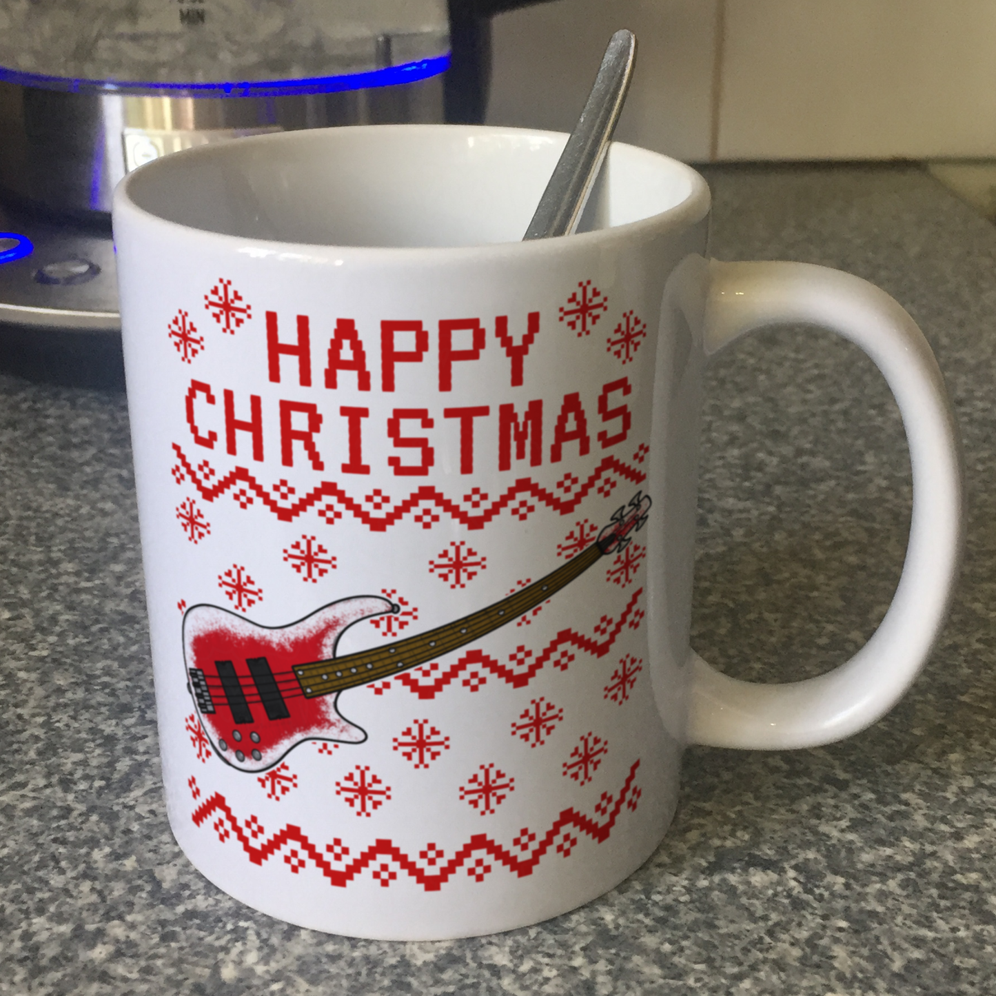 Bass Guitar Christmas Mug (Ugly Sweater Style) - Bassist Xmas Gift - Bass Teacher Mug