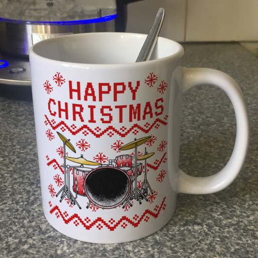 Drummer Christmas Mug (Ugly Sweater Style) - Drum Teacher Xmas Mug - Musician Christmas Gift