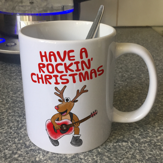 Christmas Guitar Mug - Reindeer Playing Acoustic Guitar - Songwriter Xmas Gift