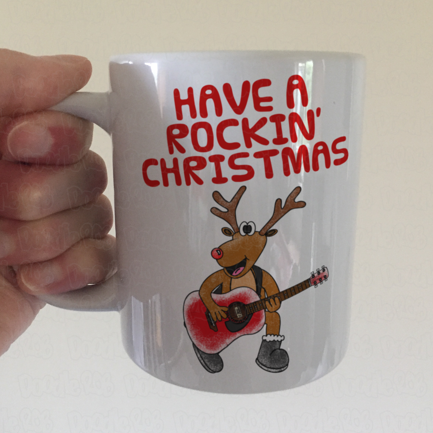 Christmas Guitar Mug - Reindeer Playing Acoustic Guitar - Songwriter Xmas Gift