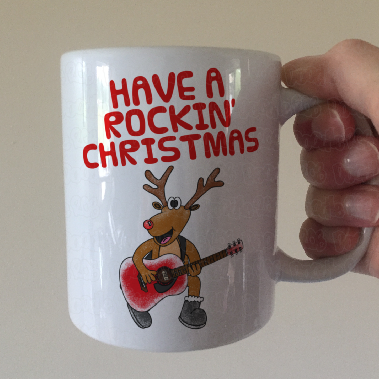 Christmas Guitar Mug - Reindeer Playing Acoustic Guitar - Songwriter Xmas Gift