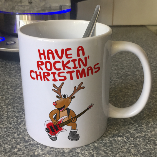 Bassist Christmas Mug - Reindeer Playing Bass Guitar - Bass Guitarist Xmas Gift