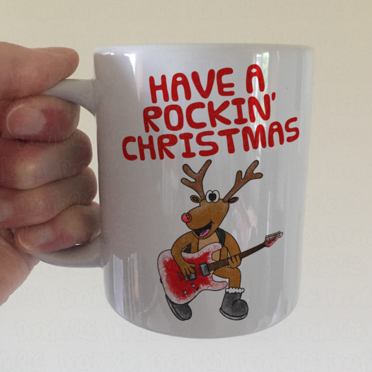Christmas Guitar Mug - Reindeer Playing Electric Guitar - Guitarist Xmas Gift